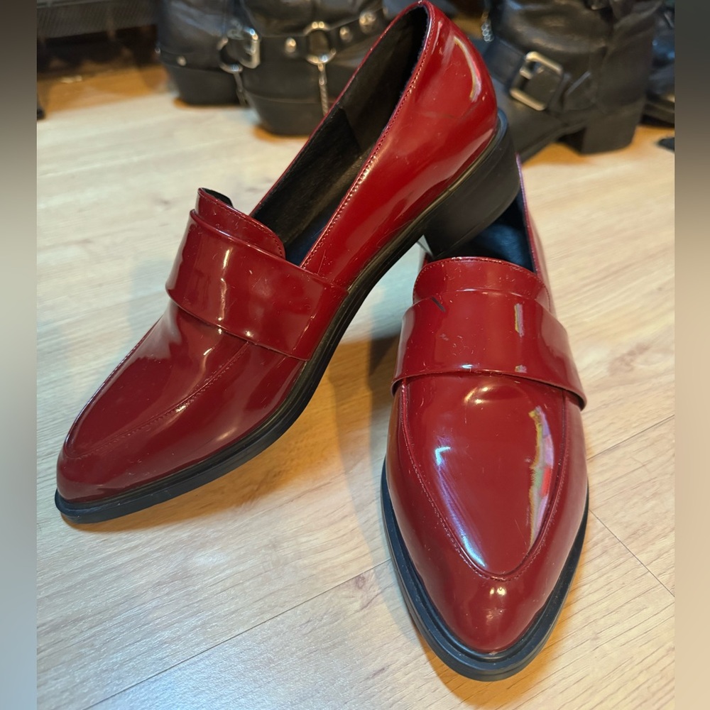 Burgundy patent leather slip on pointy toe loafers 8